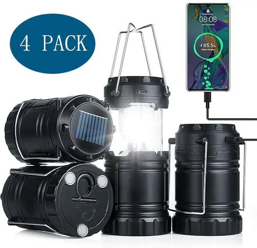 4-Pack Collapsible Portable LED Camping Lantern Lightweight Waterproof Solar USB Rechargeable Flashlight for Indoor/Outdoor Emergency Use #Dormitory Power Outage Emergency Response