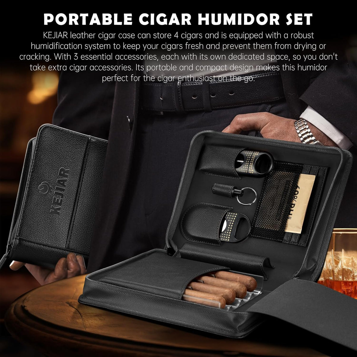 Cigar Humidor Case, Portable Cigar Box with Cigar V Cutter, Straight Cigar Cutte