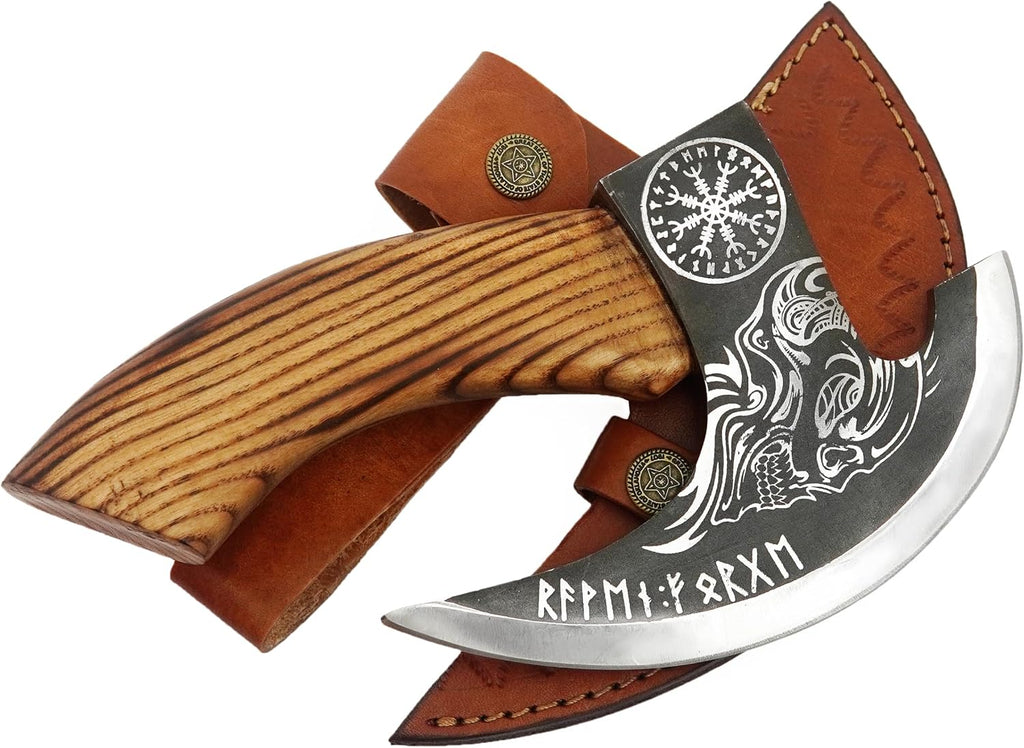 Handmade 8” Pizza Cutter, 6” Cutting Blade with Carbon Steel, Leather Sheath, Skull Design, Viking Style Pizza Cutter Axe Design. Multi-Purpose Cutter… (Dark Wood Handle)