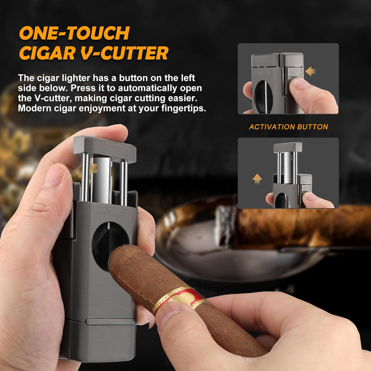 Cigar Torch Lighter, Multi-Function 3-In-1 Torch Lighter Gift for Men, Butane Lighters Built-In Cigar Holder & One-Touch Cigar Cutter V Cut, Windproof Triple Jet Flame Lighter for Men