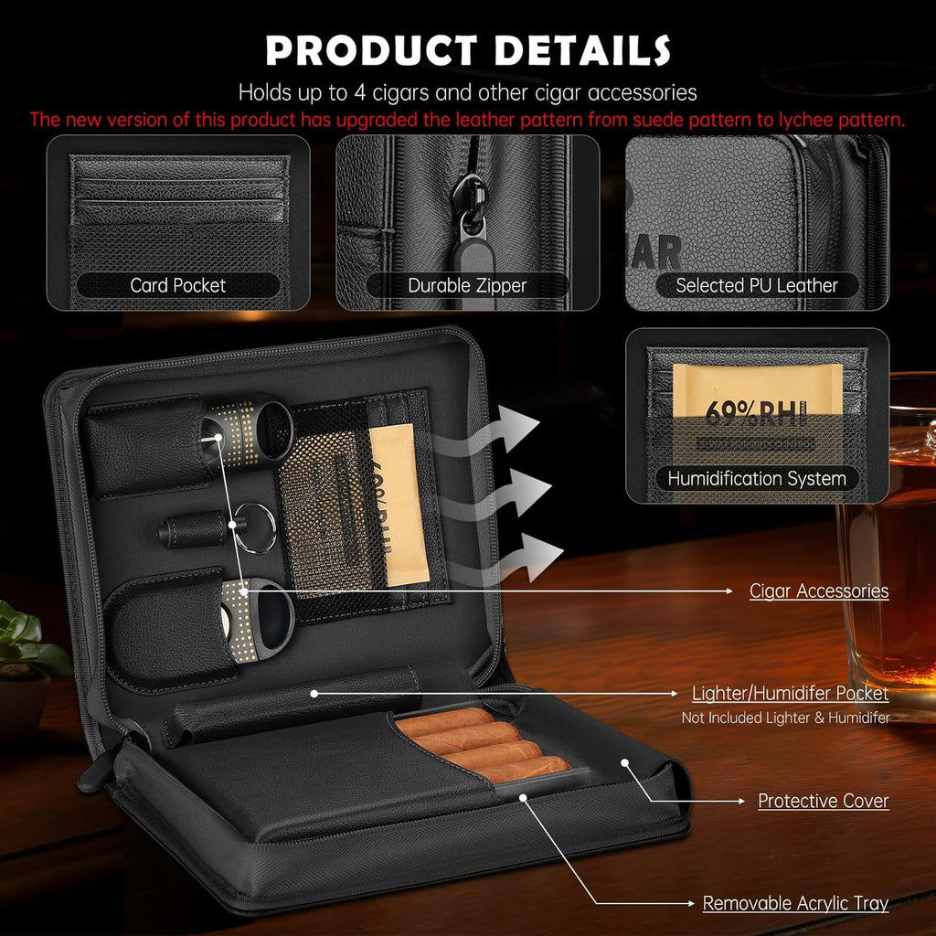 Cigar Humidor Case, Portable Cigar Box with Cigar V Cutter, Straight Cigar Cutte