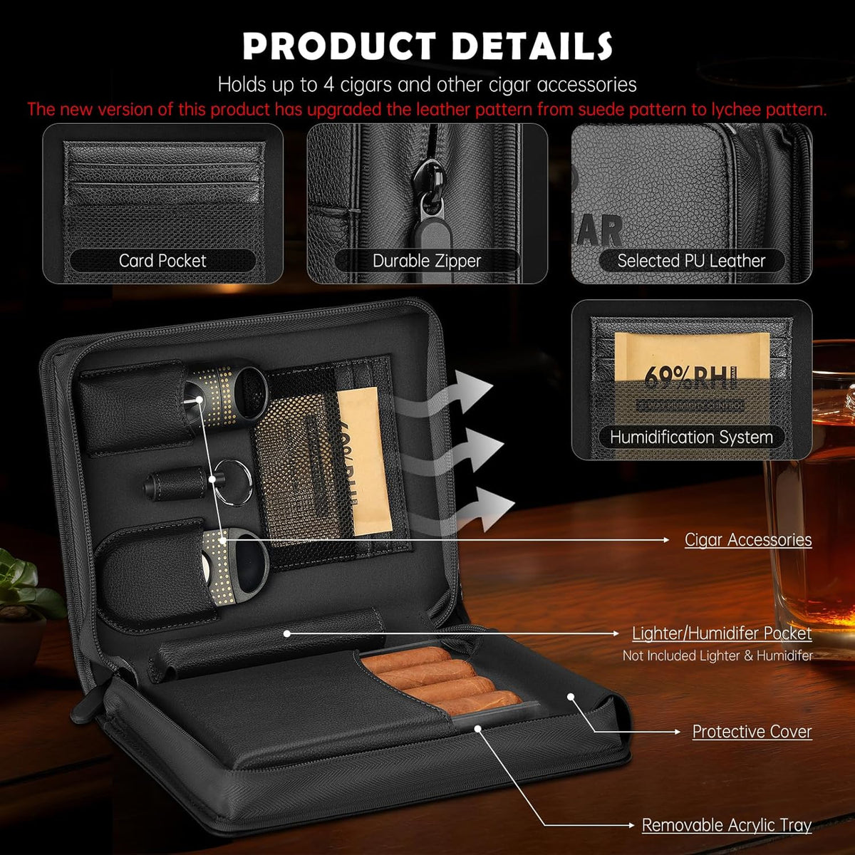 Cigar Humidor Case, Portable Cigar Box with Cigar V Cutter, Straight Cigar Cutte