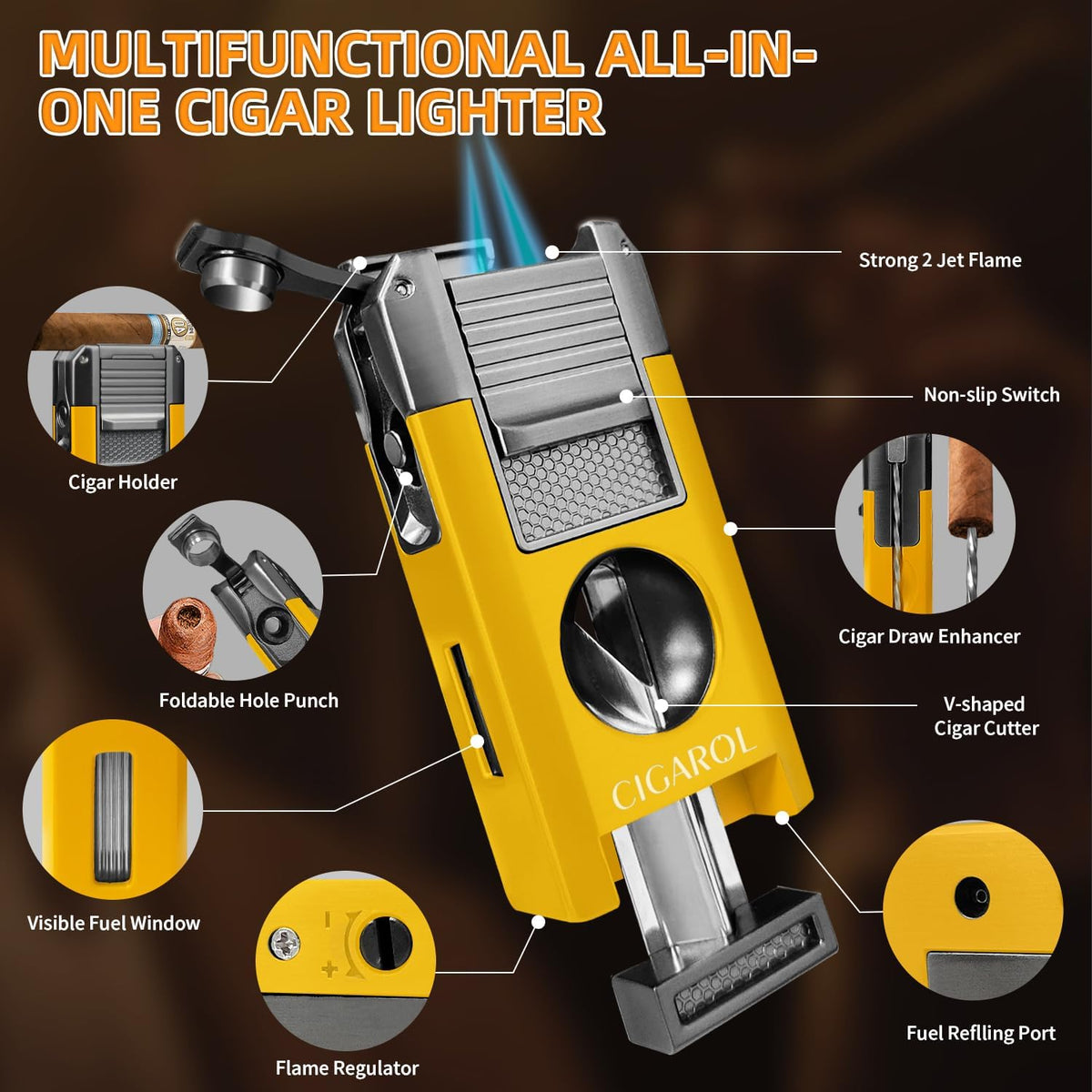5-In-1 Cigar Lighter with Double Jet Flame, V-Cutter, Punch, Draw Enhancer & Cigar Rest, Windproof Refillable Butane Lighter, All-In-One Cigar Accessory Gift for Men