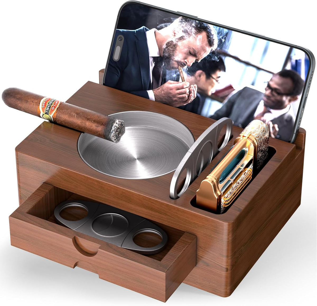 Wooden Cigar Ashtray with Lighter Slot & Accessories Drawer - 3-In-1 Holder Tray for Outdoor, Home Bar, Patio, Office Use - Gift Set for Men, Elegant Decoration Suitable (Brown)