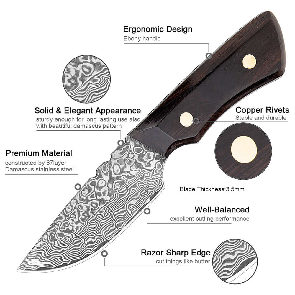 Damascus Outdoor Knife – Leather Scabbard EDC Knife