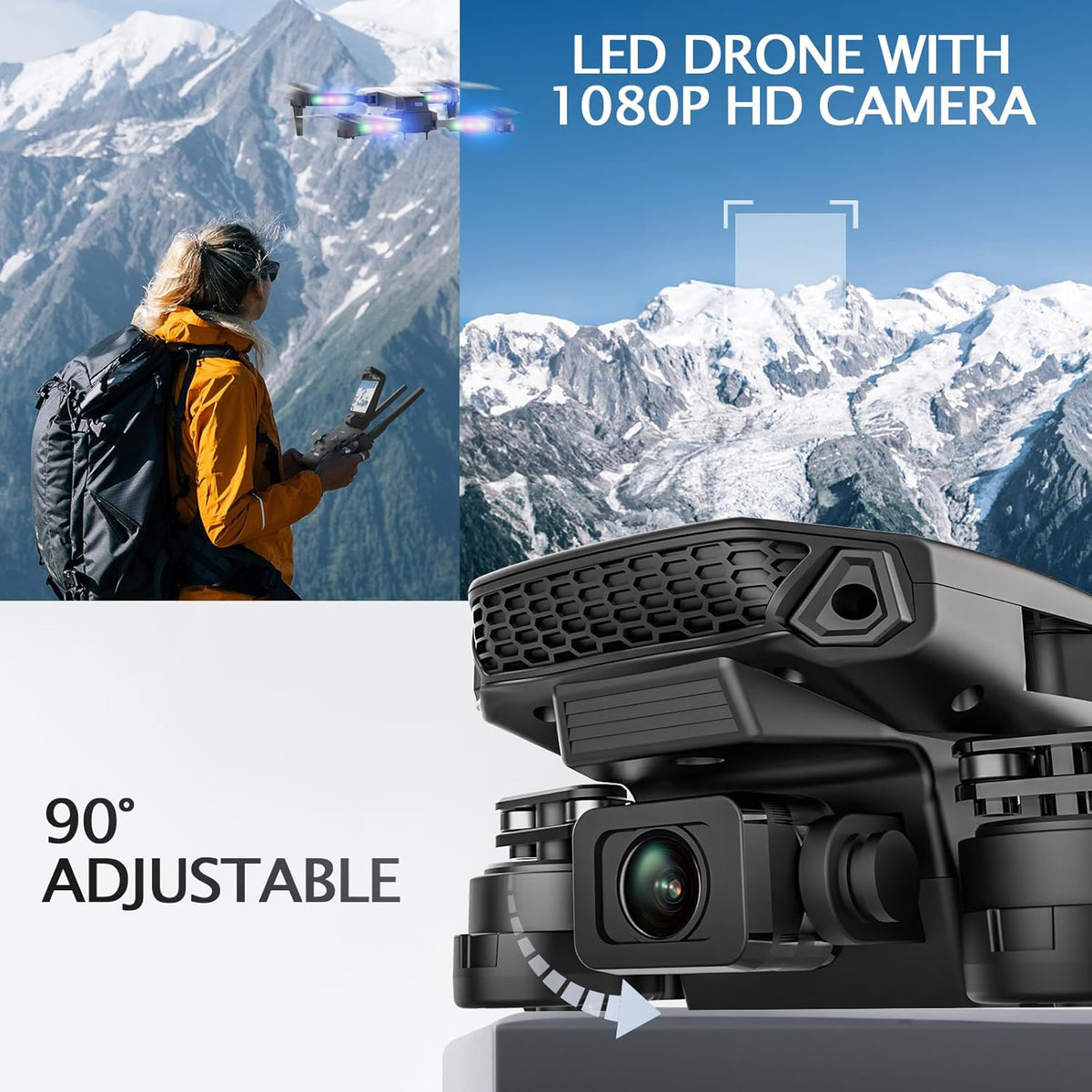 LED Lights Drone with Camera for Adults and Kids Beginners, Black