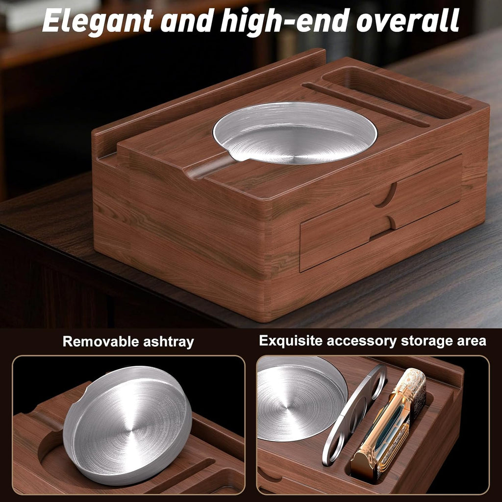 Wooden Cigar Ashtray with Lighter Slot & Accessories Drawer - 3-In-1 Holder Tray for Outdoor, Home Bar, Patio, Office Use - Gift Set for Men, Elegant Decoration Suitable (Brown)