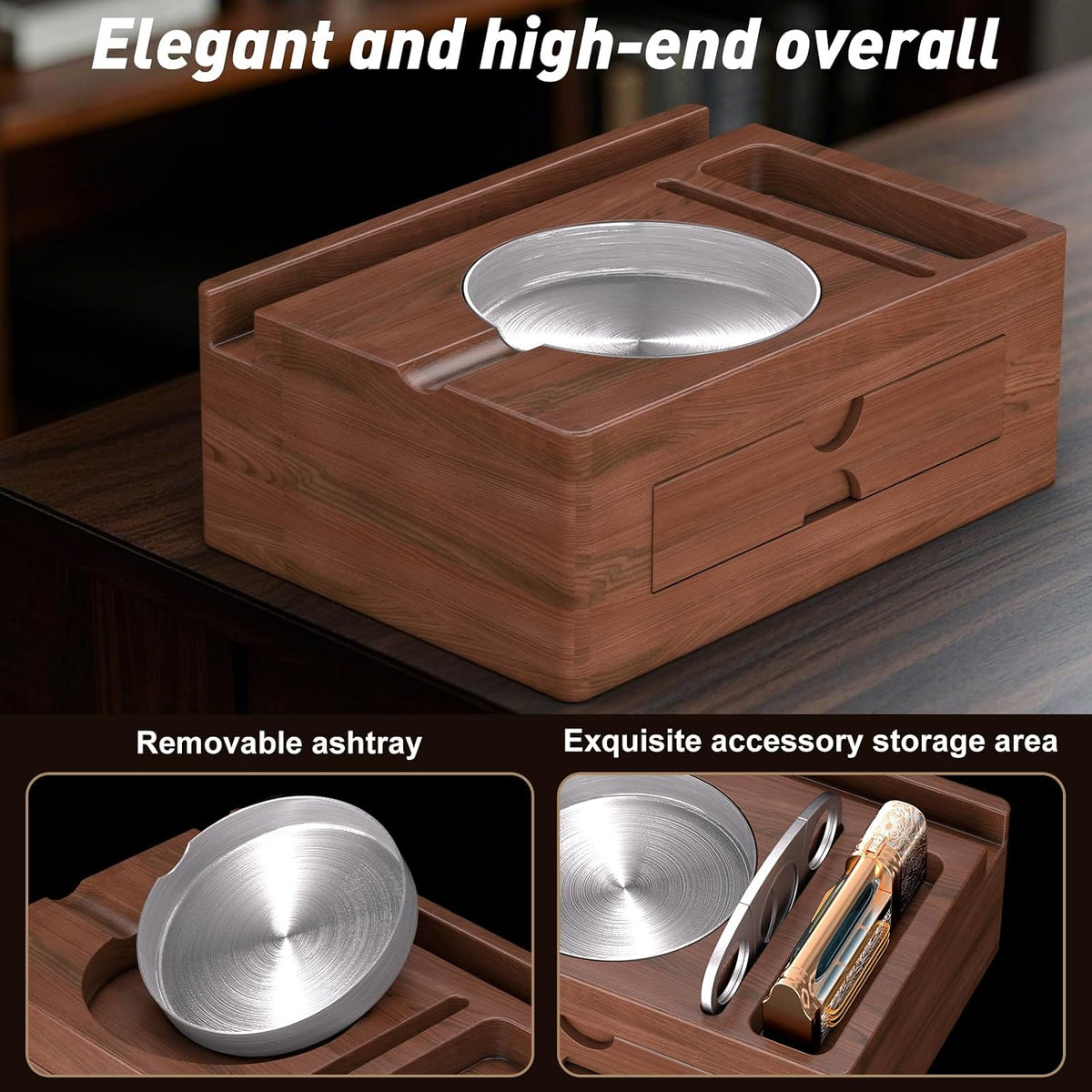 Wooden Cigar Ashtray with Lighter Slot & Accessories Drawer - 3-In-1 Holder Tray for Outdoor, Home Bar, Patio, Office Use - Gift Set for Men, Elegant Decoration Suitable (Brown)