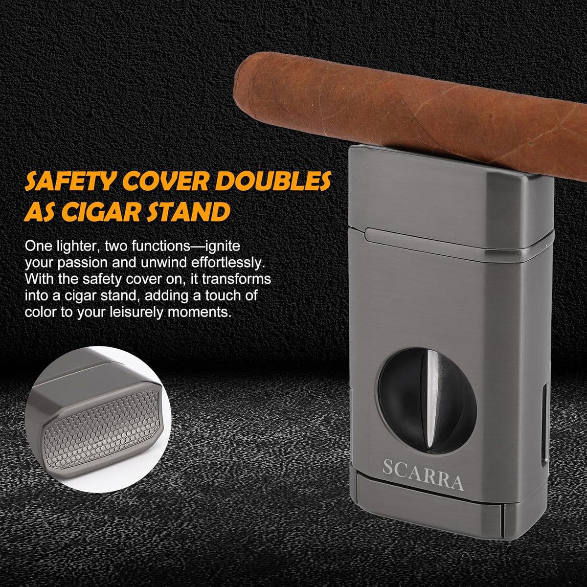 Cigar Torch Lighter, Multi-Function 3-In-1 Torch Lighter Gift for Men, Butane Lighters Built-In Cigar Holder & One-Touch Cigar Cutter V Cut, Windproof Triple Jet Flame Lighter for Men