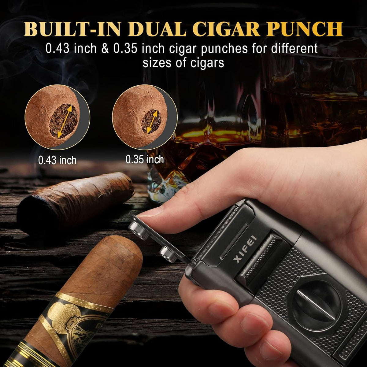 6-In-1 Cigar Lighter, Desktop Torch Lighter with Straight Cut V-Cut Cigar Cutter, Dual Cigar Punch, Cigar Draw Enhancer, Cigar Holder, 4 Jet Flame Refillable Butane Lighter Gift for Men (Gray)