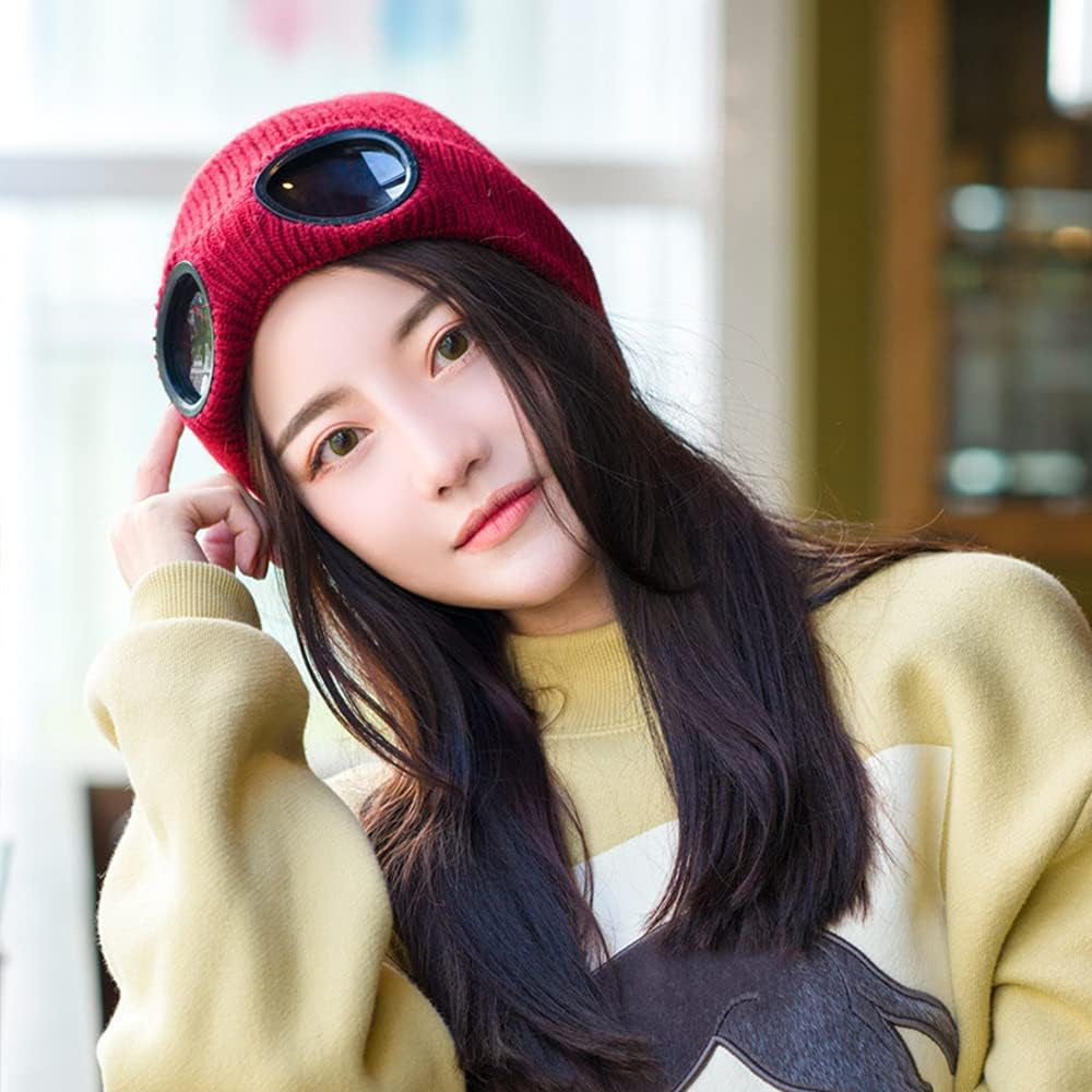 Knitted Goggles Beanie - Fleece Lined Winter Hat for Men Women