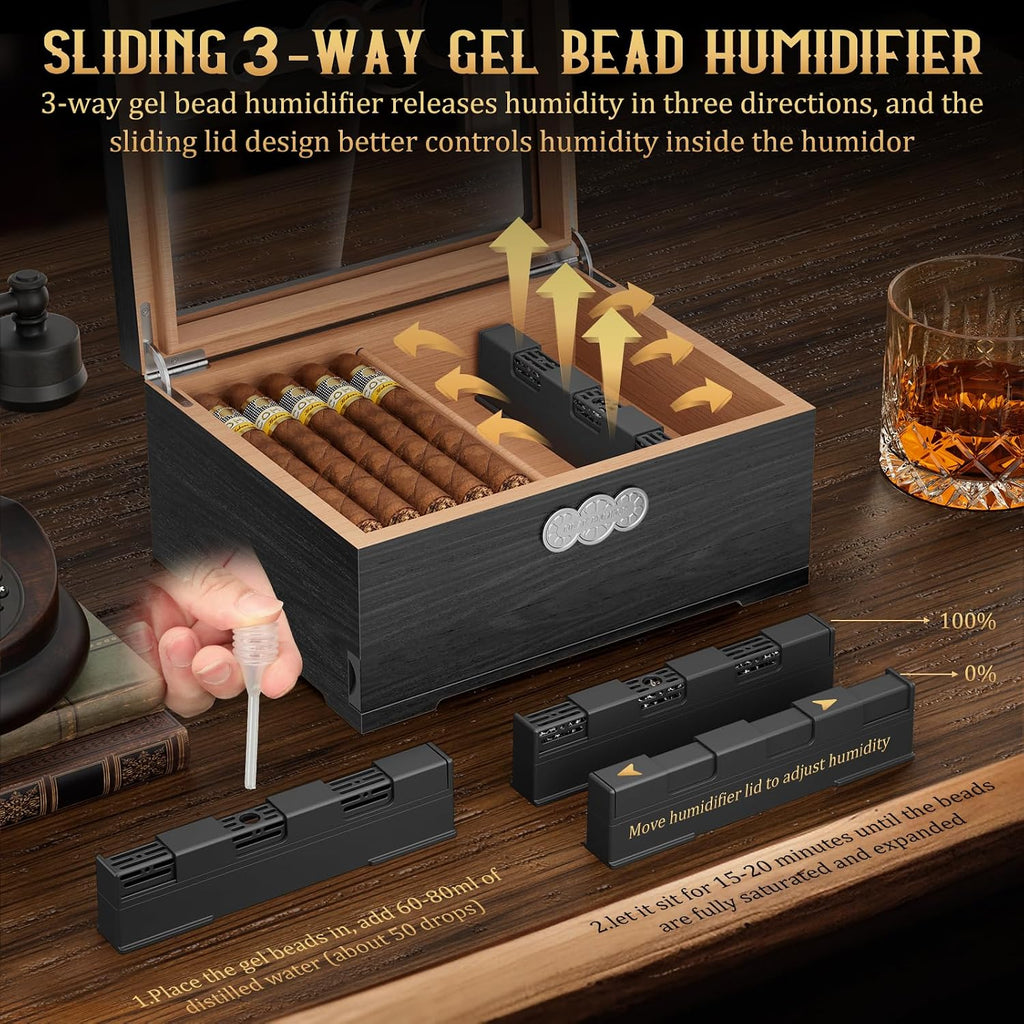 Cigar Humidor, Glass Top Desktop Humidor Box, Cigar Gifts for Men, Cedar Wood Cigars Case with Digital Hygrometer, Humidifier, Measuring Scale and Cigars Accessories Drawer
