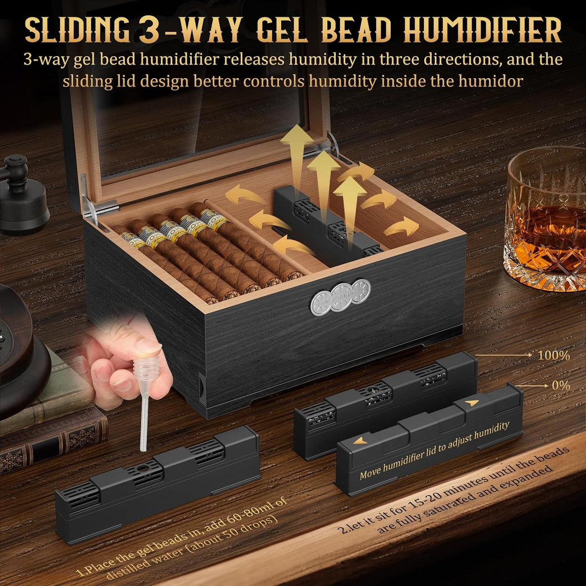 Cigar Humidor, Glass Top Desktop Humidor Box, Cigar Gifts for Men, Cedar Wood Cigars Case with Digital Hygrometer, Humidifier, Measuring Scale and Cigars Accessories Drawer