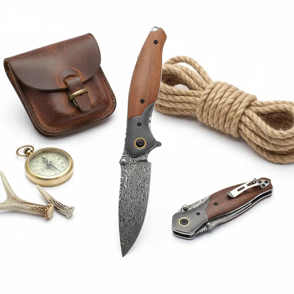 VG10 Damascus Steel Folding Knife – Premium EDC Pocket Knife with Mahogany Handle for Camping & Outdoor