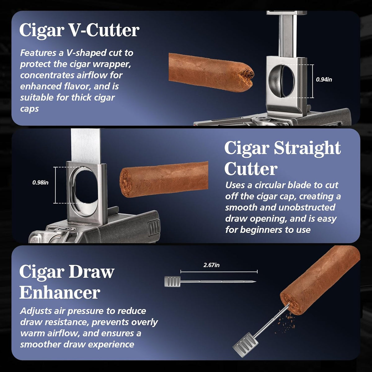 Torch Lighter with Windproof Single Jet Flame, Straight & V Cutters, Cigar Draw Enhancer, Refillable Butane Torch Lighter, Gift for Cigar Lovers (Butane Not Included)