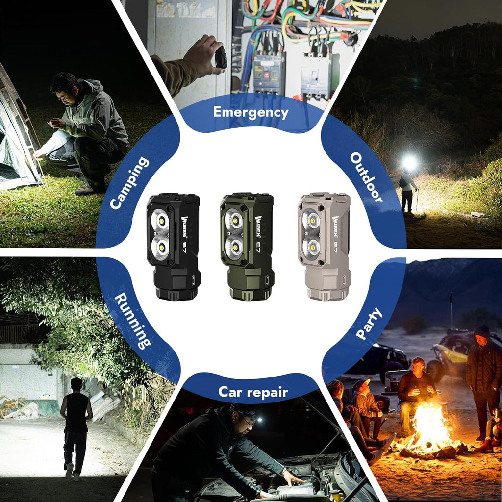 E7 1800 Lumen Rechargeable Mini Flashlight with Magnet | Super Bright 6 Modes Khaki EDC Flashlight, Typ-C Rechargeable LED; IP68 Pocket Flashlight for Headlamp Use, Rescue, Camping