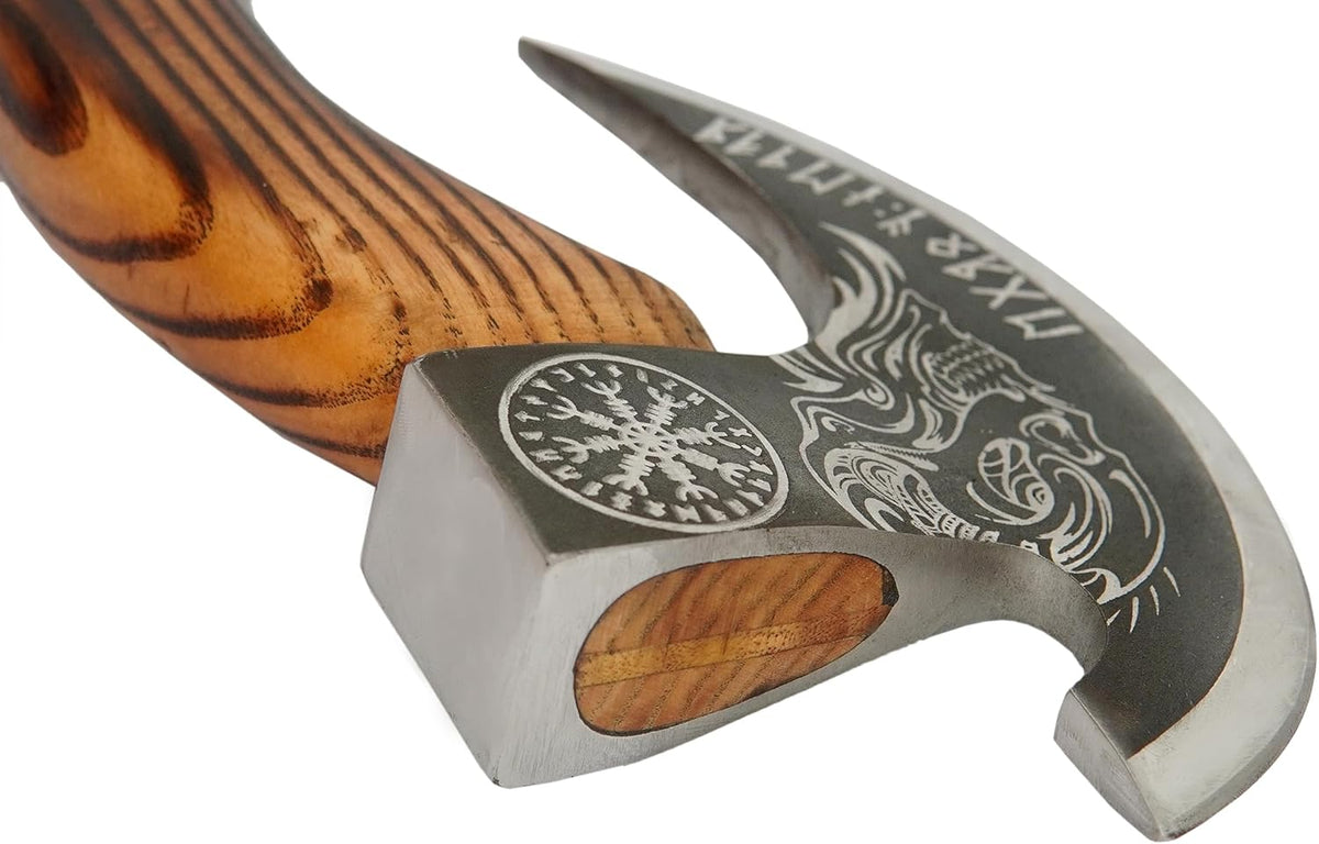 Handmade 8” Pizza Cutter, 6” Cutting Blade with Carbon Steel, Leather Sheath, Skull Design, Viking Style Pizza Cutter Axe Design. Multi-Purpose Cutter… (Dark Wood Handle)