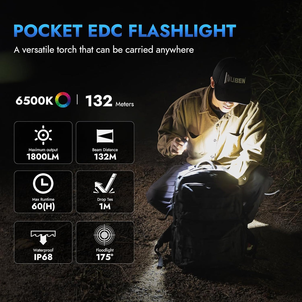 E7 1800 Lumen Rechargeable Mini Flashlight with Magnet | Super Bright 6 Modes Khaki EDC Flashlight, Typ-C Rechargeable LED; IP68 Pocket Flashlight for Headlamp Use, Rescue, Camping