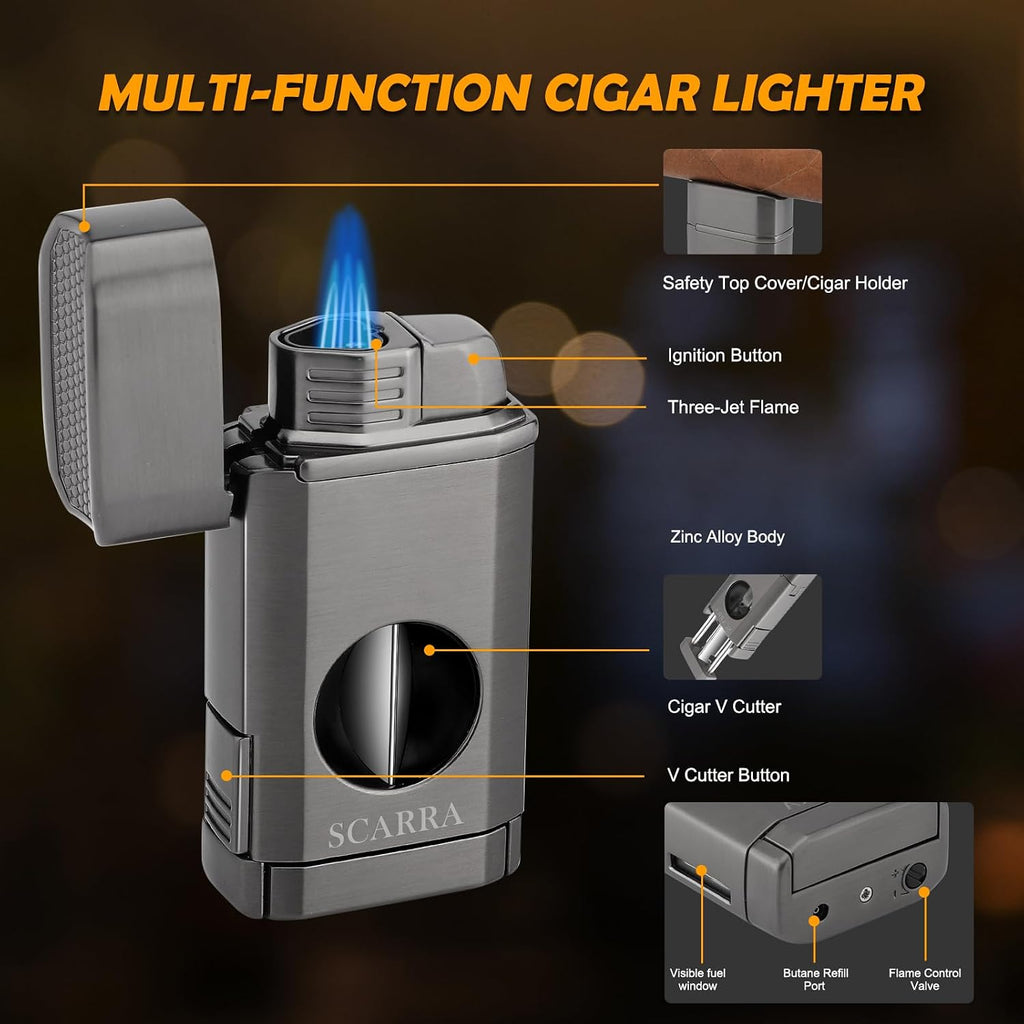 Cigar Torch Lighter, Multi-Function 3-In-1 Torch Lighter Gift for Men, Butane Lighters Built-In Cigar Holder & One-Touch Cigar Cutter V Cut, Windproof Triple Jet Flame Lighter for Men