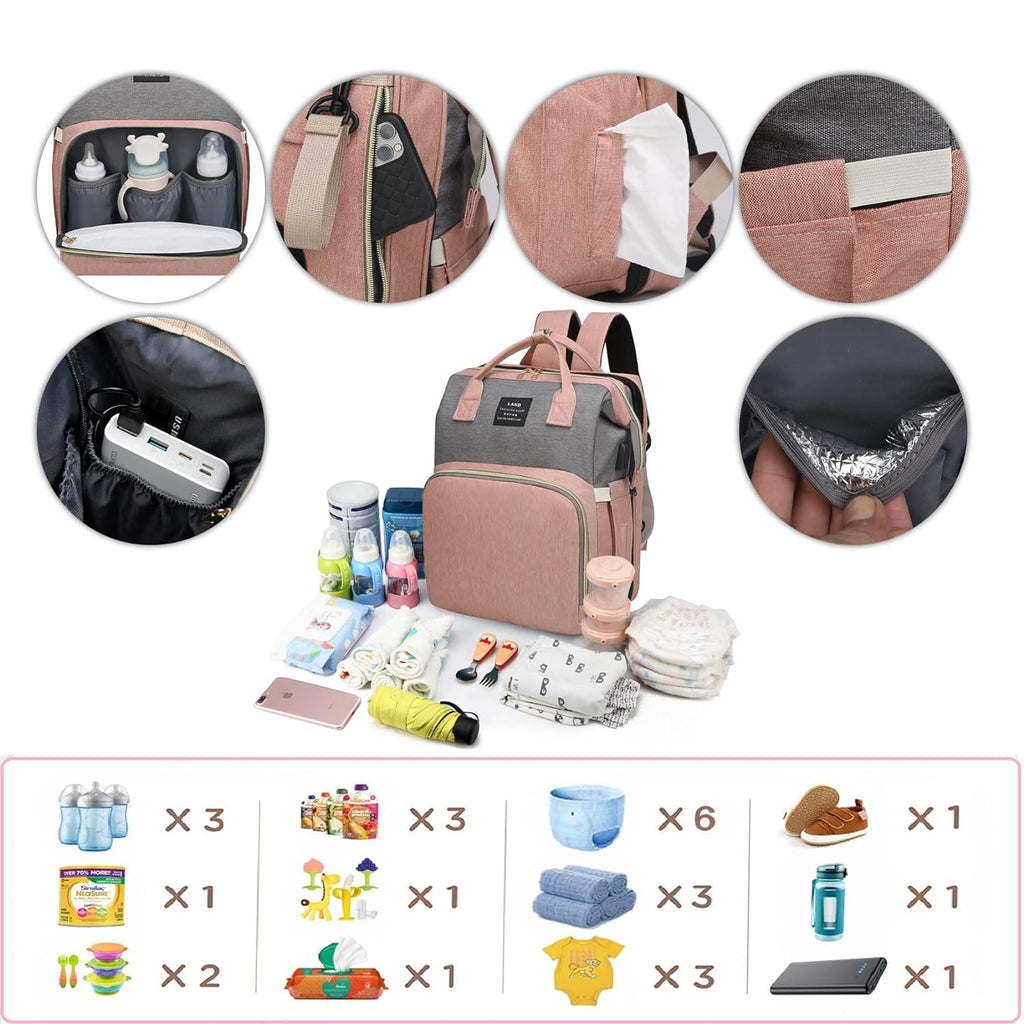 Baby Diaper Bags Backpack with Changing Station(Pink-Grey) | Waterproof Diaper Bag Backpack for Moms Dads with USB Charging Port,Large Capacity Multifunctional Baby Essentials