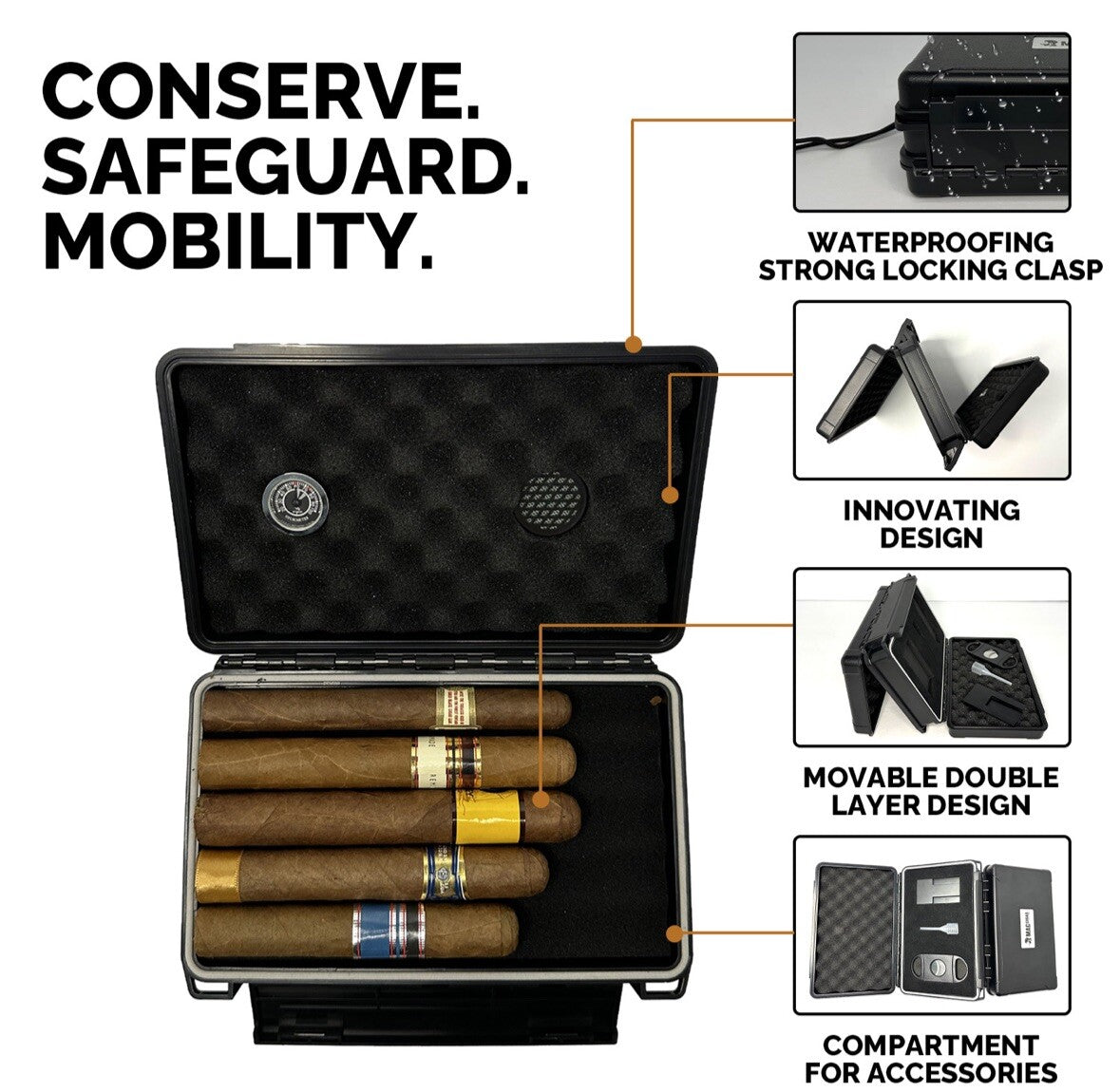 Cigar Case Double Sided Travel Humidor Box Accessories Hygrometer Waterproof