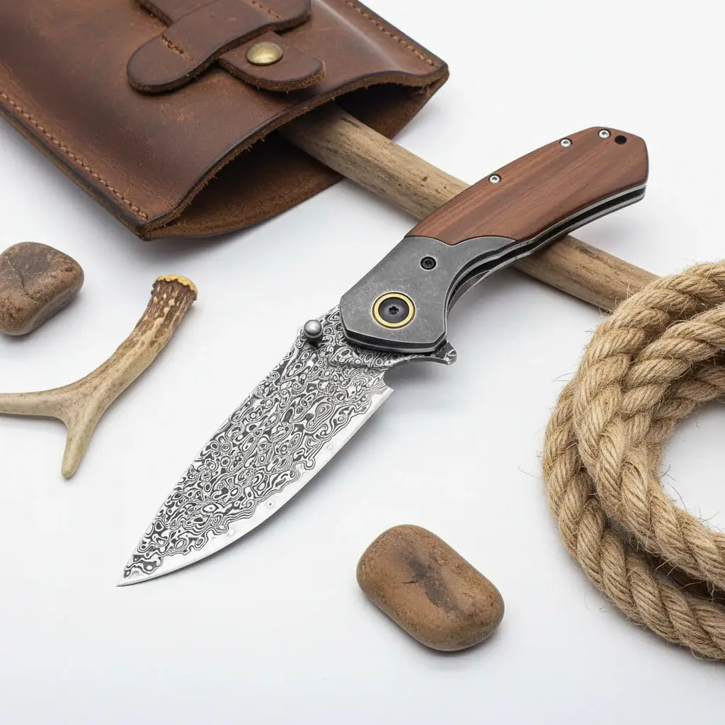 VG10 Damascus Steel Folding Knife – Premium EDC Pocket Knife with Mahogany Handle for Camping & Outdoor