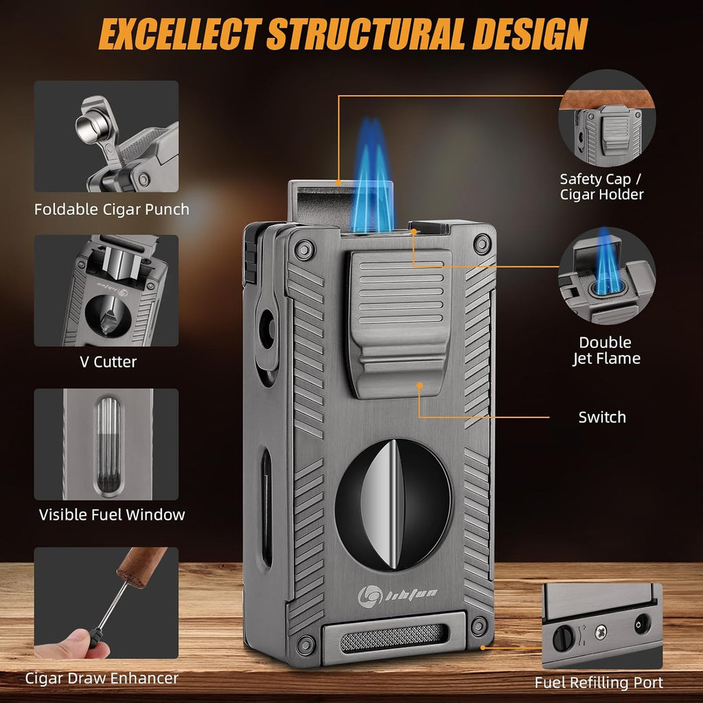 Cigar Torch Lighter, All-In-1 Cigar Lighter Built-In Cigar Holder Cigar Punch Cigar Draw Enhancer Cigar Cutter V Cut, Double Jet Flame Refillable Butane Lighters for Smoking, Cigar Gift for Men