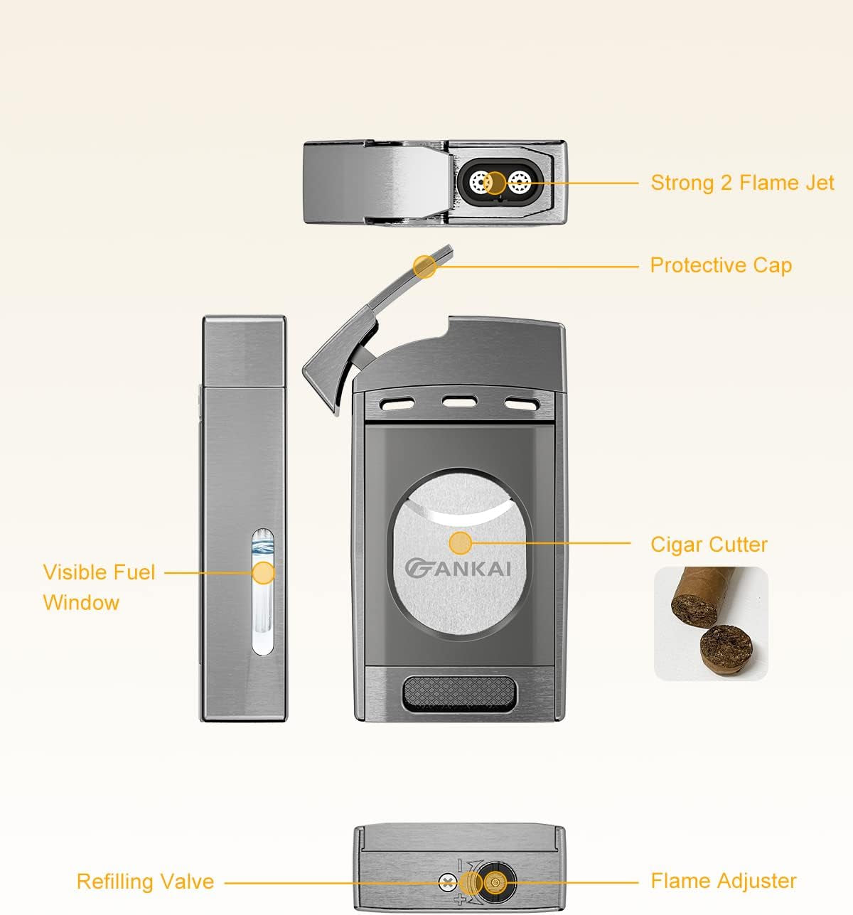 Torch Lighter with Cutter, Cigar Lighter Double Jet Flame Refillable Butane Lighter 2 in 1 Windproof Lighters for Smoking Cigar Accessories W/Gift Box (Butane Not Included)