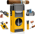 5-In-1 Cigar Lighter with Double Jet Flame, V-Cutter, Punch, Draw Enhancer & Cigar Rest, Windproof Refillable Butane Lighter, All-In-One Cigar Accessory Gift for Men