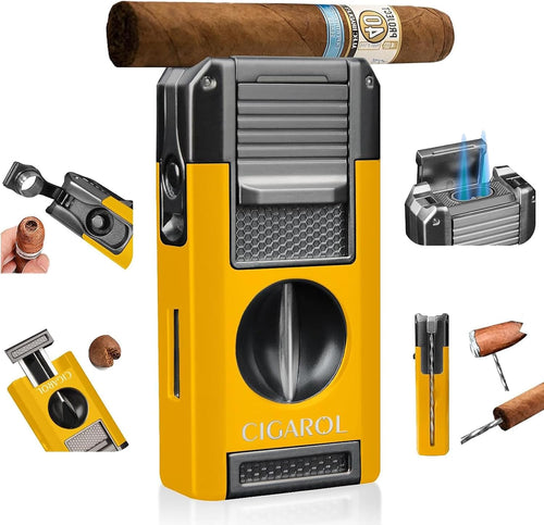 5-In-1 Cigar Lighter with Double Jet Flame, V-Cutter, Punch, Draw Enhancer & Cigar Rest, Windproof Refillable Butane Lighter, All-In-One Cigar Accessory Gift for Men