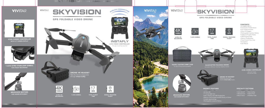 Skyvision 4K Ultra HD GPS Foldable Video Drone with 4.3" Display Controller, Brushless Motors, 1-Axis Gimbal, VR Headset, 17-Minute Flight Time & Travel Carry Case