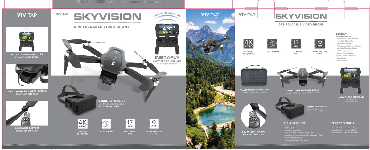 Skyvision 4K Ultra HD GPS Foldable Video Drone with 4.3" Display Controller, Brushless Motors, 1-Axis Gimbal, VR Headset, 17-Minute Flight Time & Travel Carry Case