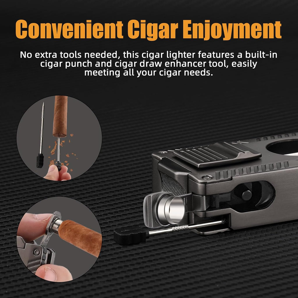 Cigar Torch Lighter, All-In-1 Cigar Lighter Built-In Cigar Holder Cigar Punch Cigar Draw Enhancer Cigar Cutter V Cut, Double Jet Flame Refillable Butane Lighters for Smoking, Cigar Gift for Men