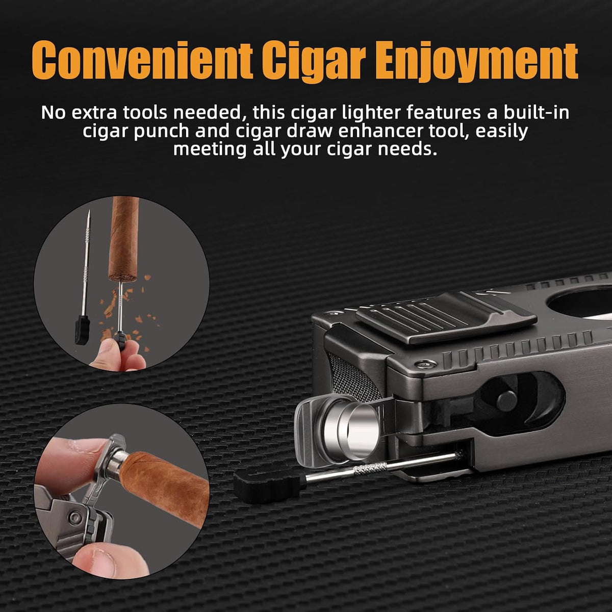 Cigar Torch Lighter, All-In-1 Cigar Lighter Built-In Cigar Holder Cigar Punch Cigar Draw Enhancer Cigar Cutter V Cut, Double Jet Flame Refillable Butane Lighters for Smoking, Cigar Gift for Men