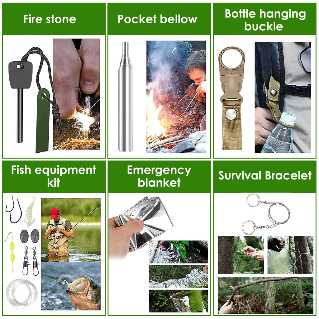 47Pcs Emergency Survival Kit Survival EDC Gear Equipment Tool First Aid Supplies Kit Tools with Pouch for Hiking Hunting Disaster Camping Adventure