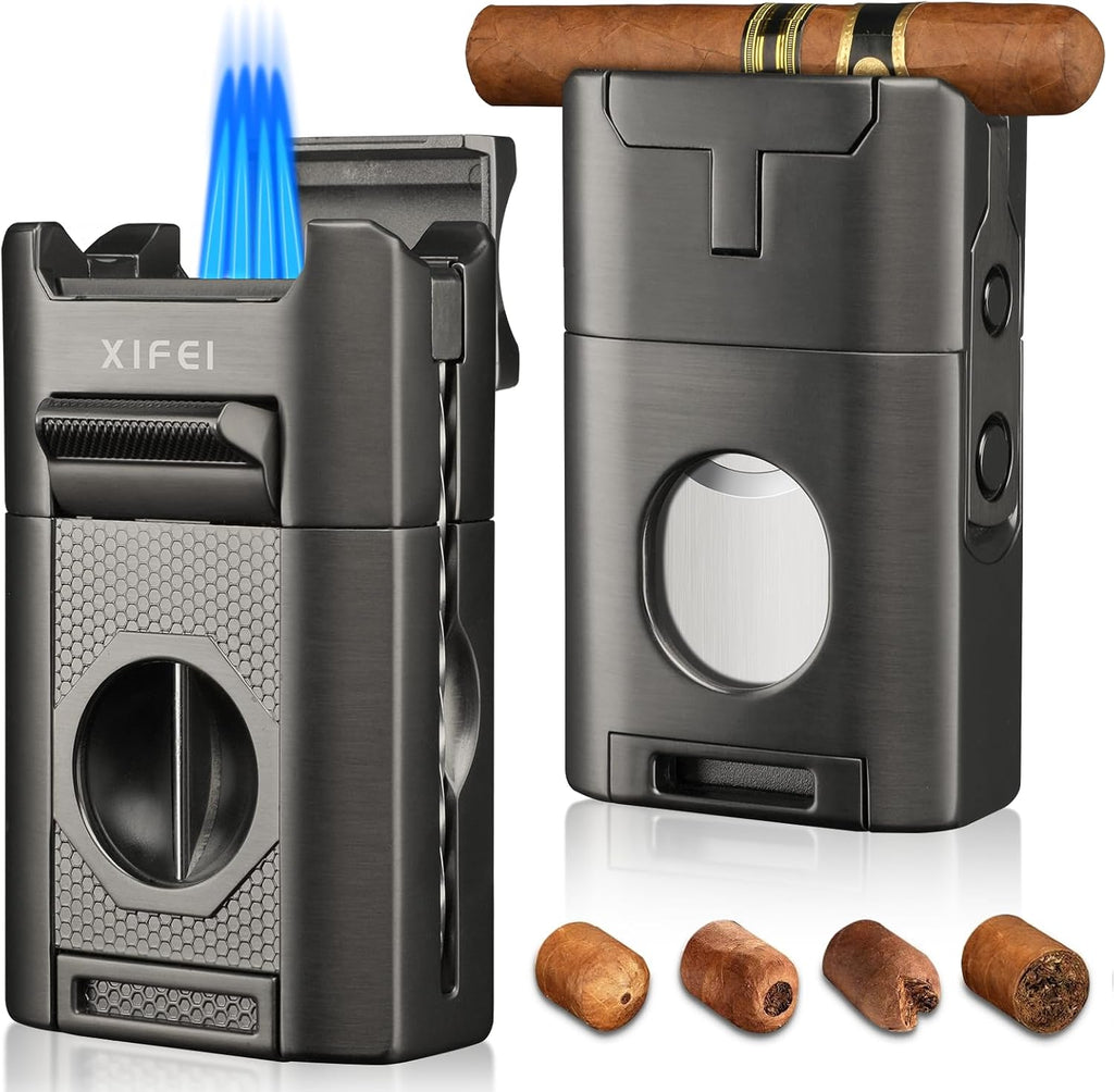 6-In-1 Cigar Lighter, Desktop Torch Lighter with Straight Cut V-Cut Cigar Cutter, Dual Cigar Punch, Cigar Draw Enhancer, Cigar Holder, 4 Jet Flame Refillable Butane Lighter Gift for Men (Gray)