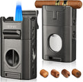 6-In-1 Cigar Lighter, Desktop Torch Lighter with Straight Cut V-Cut Cigar Cutter, Dual Cigar Punch, Cigar Draw Enhancer, Cigar Holder, 4 Jet Flame Refillable Butane Lighter Gift for Men (Gray)