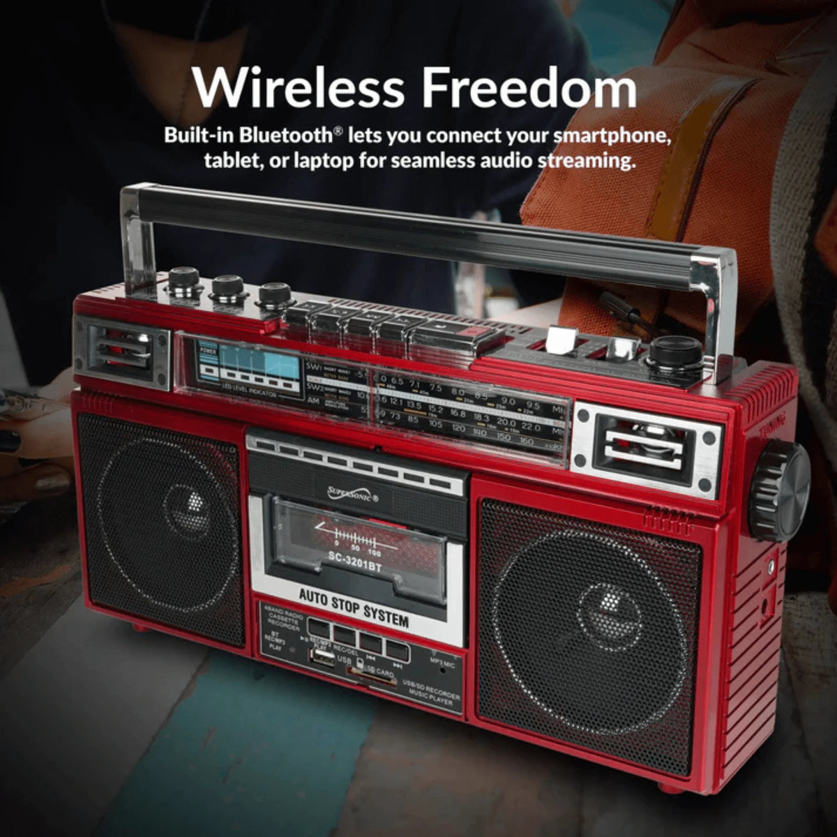 Supersonic 4 Band Bluetooth Radio & Cassette Player + Cassette to Mp3 Converter