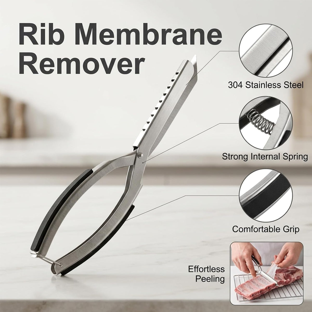 Rib Membrane Removal Tool, Heavy Duty Stainless Steel BBQ Prep Kit with Ergonomic Non-Slip Grip for Effortless Pork and Beef Rib Skinner, Essential Grilling and Meat Preparation Accessory