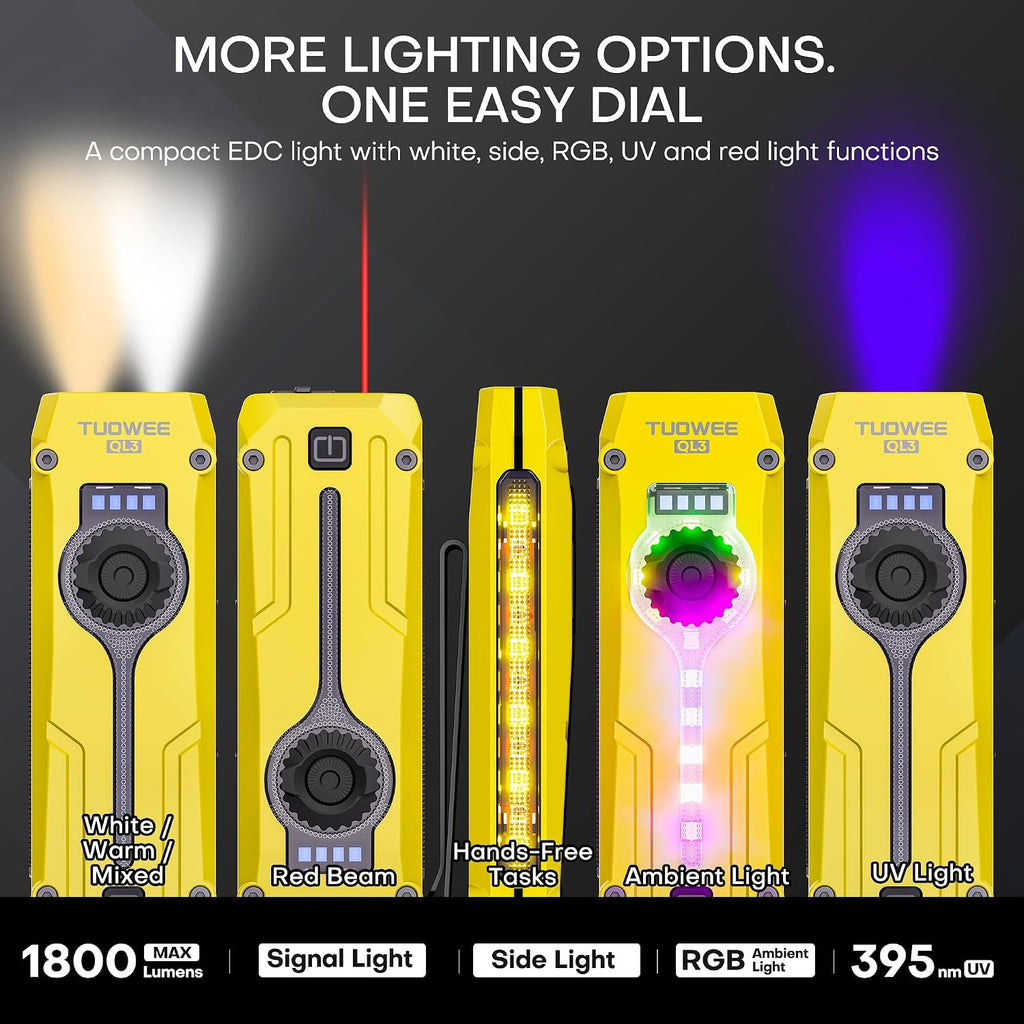 UV Flat EDC Flashlight Rechargeable 1800 High Lumens Pocket Light with Rgb,Magnetic Base Small Flashlights with Dual Switch,Stepless Dimming,Usb-C Waterproof Work Flash Light for Work,Home,Emergencies