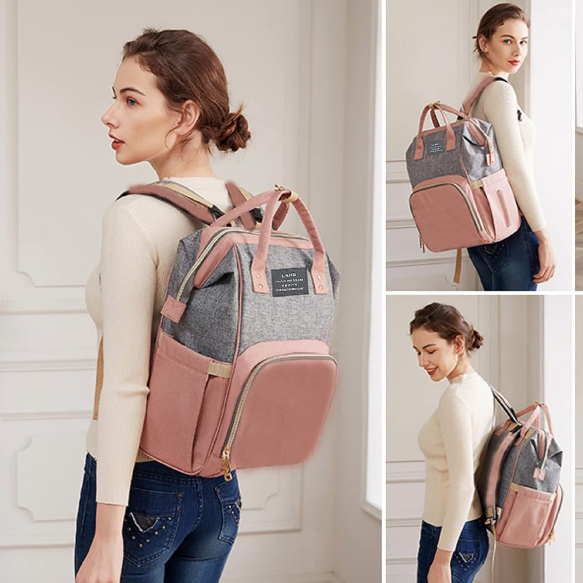 Baby Diaper Bags Backpack with Changing Station(Pink-Grey) | Waterproof Diaper Bag Backpack for Moms Dads with USB Charging Port,Large Capacity Multifunctional Baby Essentials