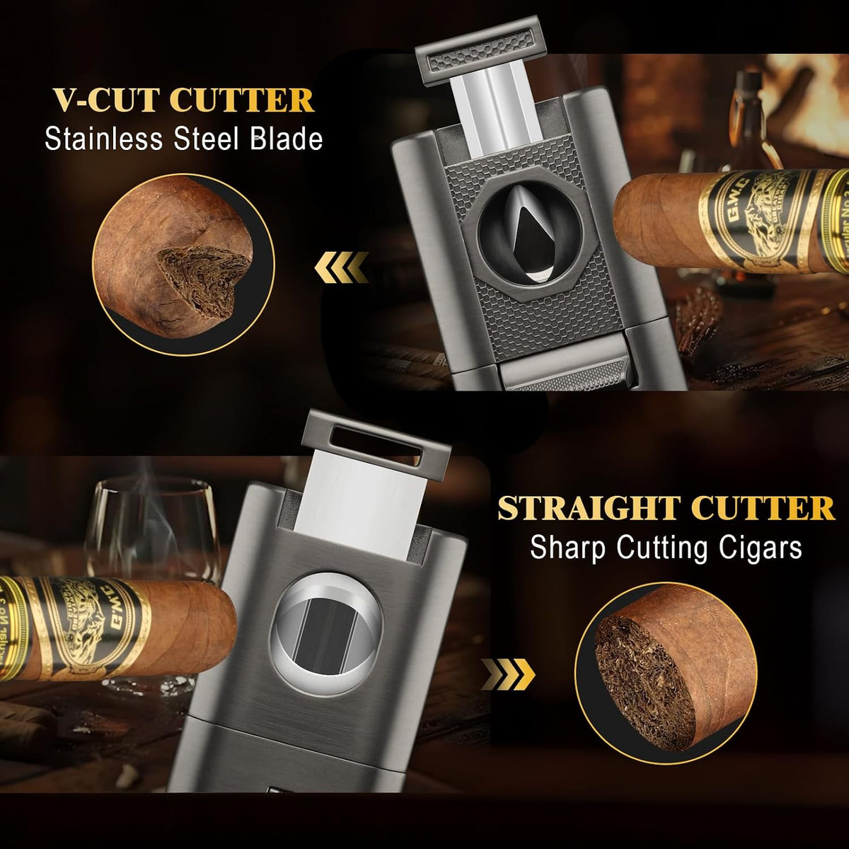 6-In-1 Cigar Lighter, Desktop Torch Lighter with Straight Cut V-Cut Cigar Cutter, Dual Cigar Punch, Cigar Draw Enhancer, Cigar Holder, 4 Jet Flame Refillable Butane Lighter Gift for Men (Gray)