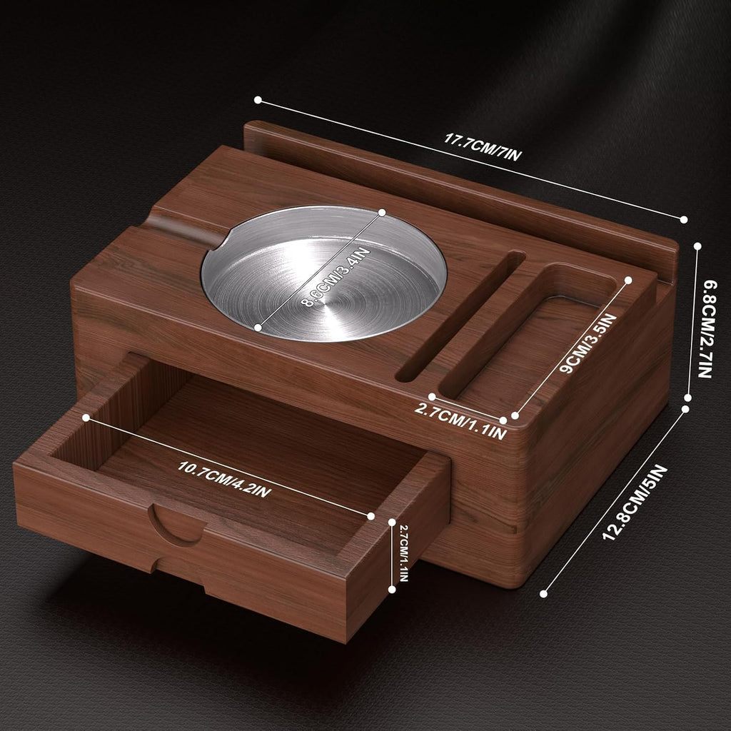 Wooden Cigar Ashtray with Lighter Slot & Accessories Drawer - 3-In-1 Holder Tray for Outdoor, Home Bar, Patio, Office Use - Gift Set for Men, Elegant Decoration Suitable (Brown)