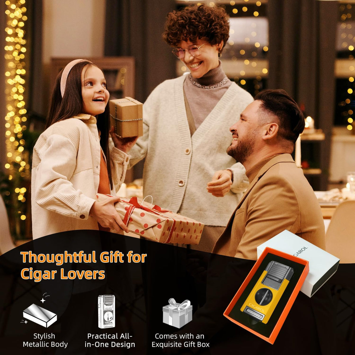 5-In-1 Cigar Lighter with Double Jet Flame, V-Cutter, Punch, Draw Enhancer & Cigar Rest, Windproof Refillable Butane Lighter, All-In-One Cigar Accessory Gift for Men
