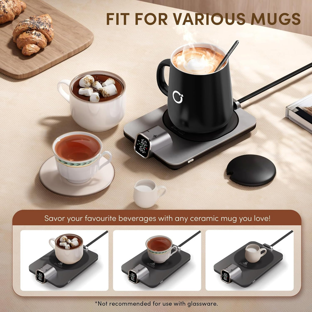 Coffee Cup Warmer &  Mug Set, 1℉ Precise Temp Control Mug Warmer | Auto Shut Off, Infrared Sensor, Dual Temp Display, ℉/℃ Optional, 15Oz Mug with Spoon & Lid Included, Gifts for Men Women