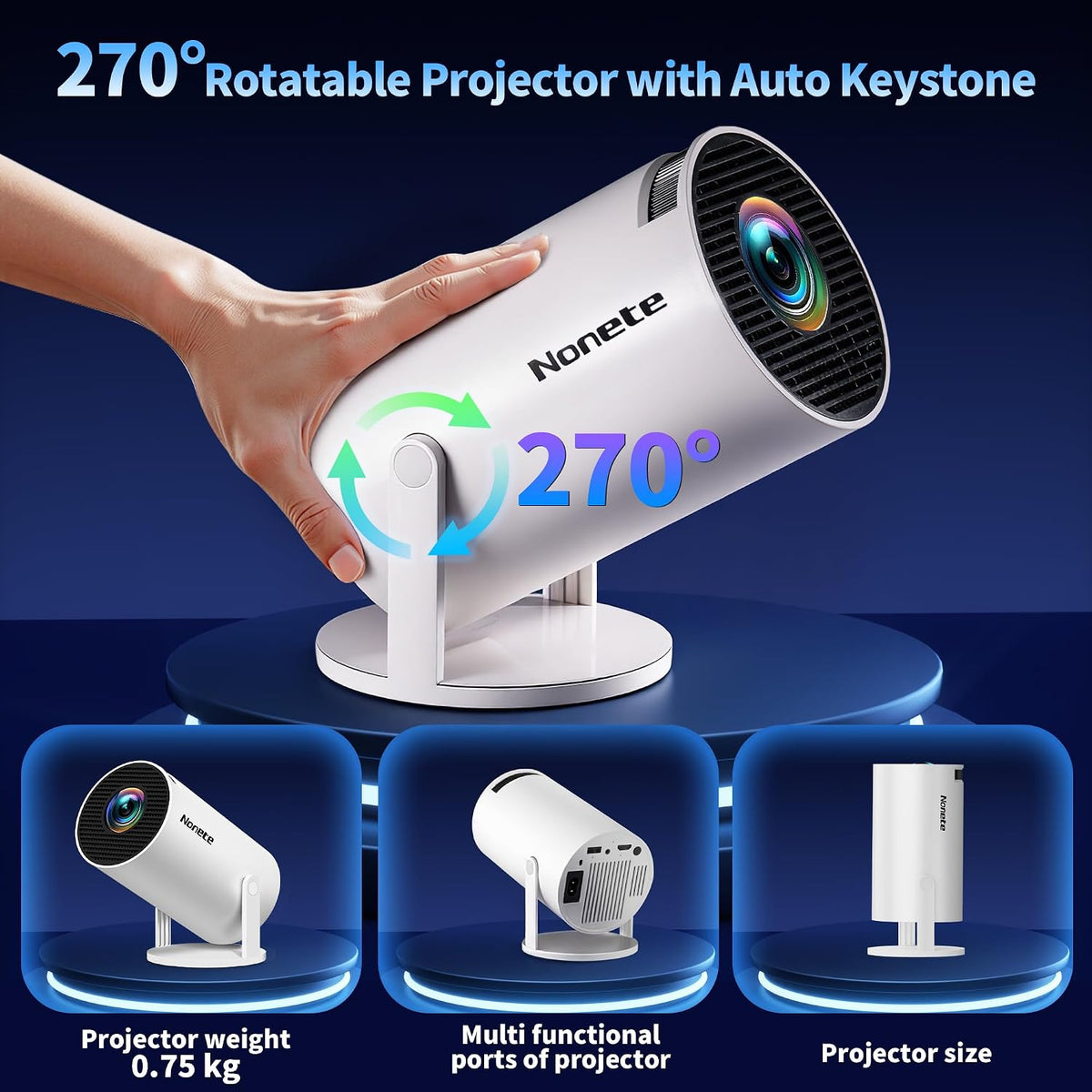 [2026 Upgraded] Mini Projector Support 4K 1080P FHD Auto Keystone 270° Rotatable with Wifi 6 and Bluetooth 5.2 Projector Portable Compatibile with HDMI/TV Stick/Memory Stick/Laptop,White
