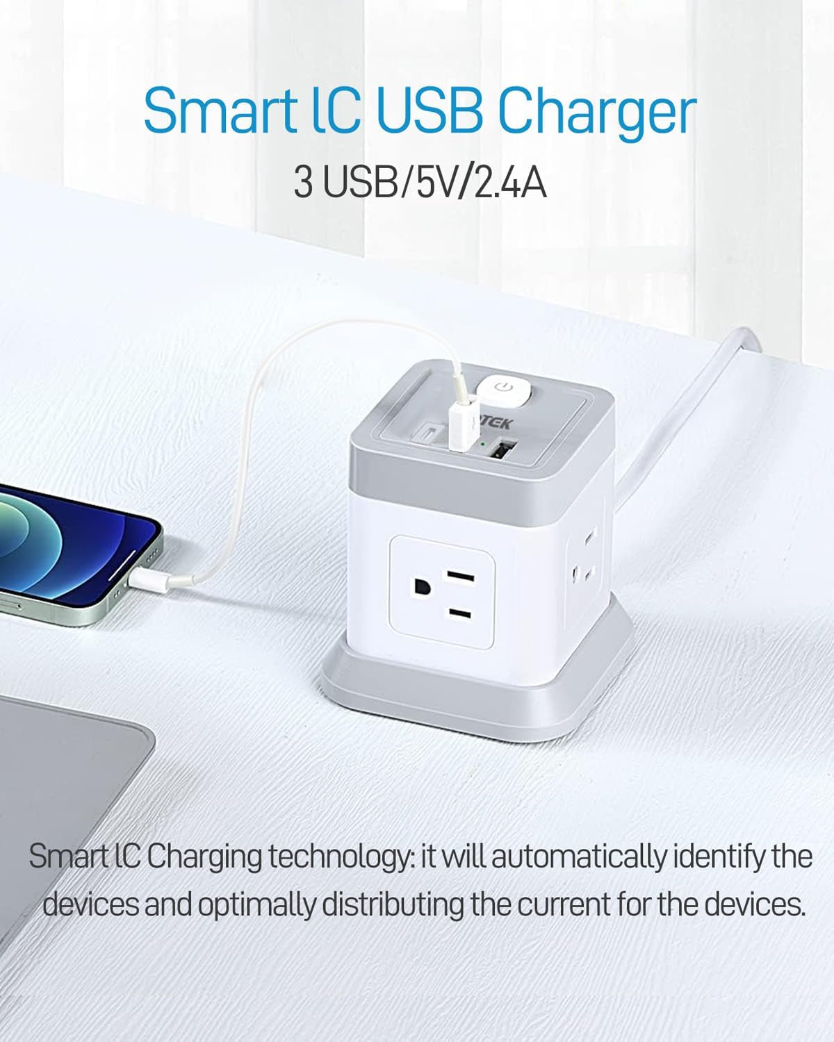 Power Strip USB C, 4 Outlets 3 USB Ports 5 FT Extension Cord White | Flat Plug Design Overload Protection Compact Portable Power Strip for Travel Home Office Desk & Bedroom Use ETL Listed
