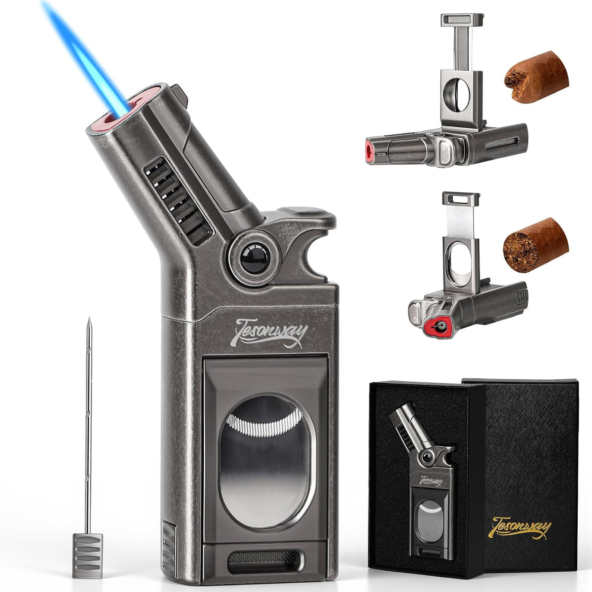Torch Lighter with Windproof Single Jet Flame, Straight & V Cutters, Cigar Draw Enhancer, Refillable Butane Torch Lighter, Gift for Cigar Lovers (Butane Not Included)