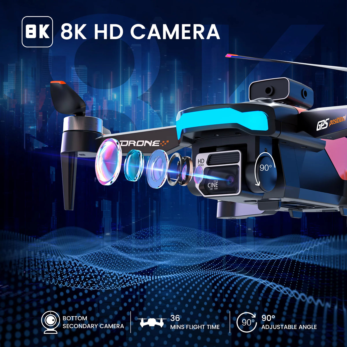 D99 GPS Drone with 8K UHD Camera, Foldable Quadcopter for Adults Beginners, Brushless Motor, VR Mode, 2 Batteries, Orange