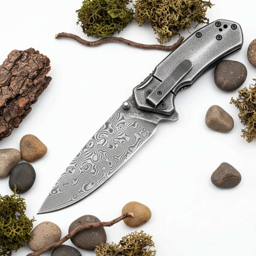 Damascus Steel Folding Knife – Handmade Pocket Knife for Men, EDC & Gift